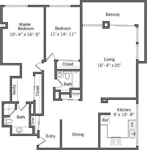 Floor plan for 2 beds, 2 baths, 1350 sqft